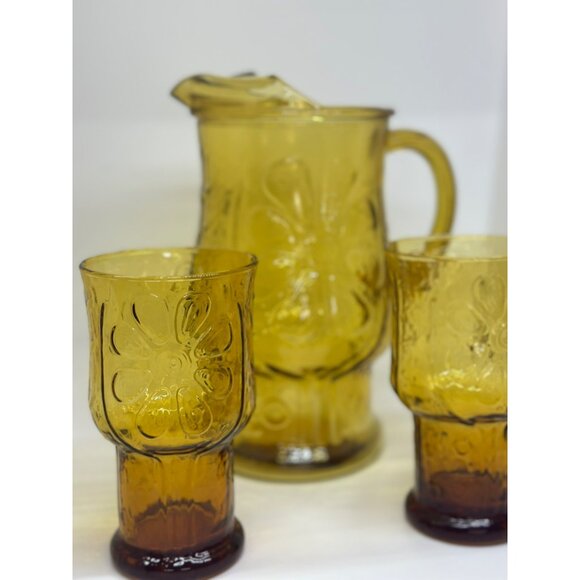 Vintage 1970's Libbey Country Garden Pitcher & 2 Drink Glasses Amber Decor - Picture 3 of 10